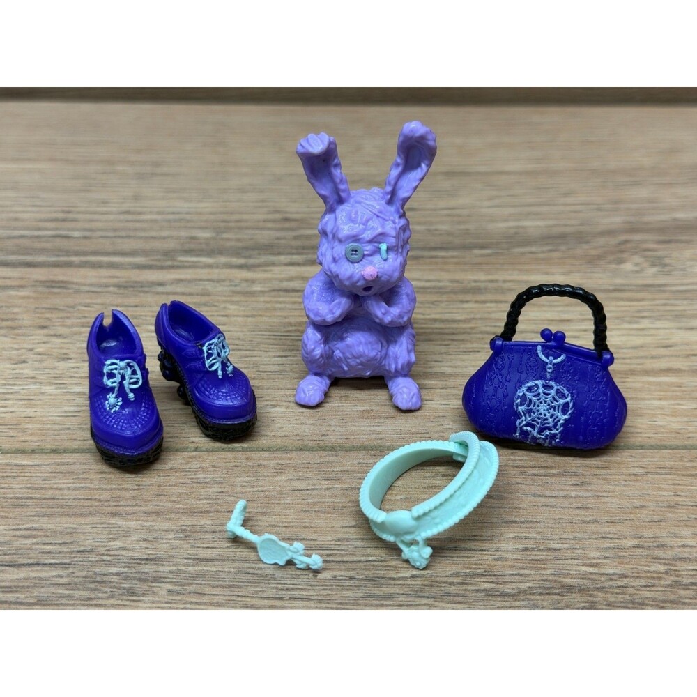 Monster High Twyla Accessories Lot - Purple Bunny Pet, Creeper Shoes & Purse